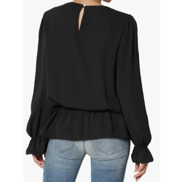 Zenana Blouse Size L Black Long Puff Sleeve Ruffle Peplum Blouse - Picture 2 of 8